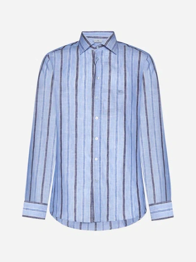 Etro Pegaso-embroidered Striped Linen Shirt In Light Blue