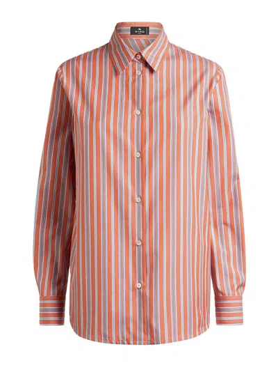 Etro Striped Cotton Shirt With Back Slit In Orange