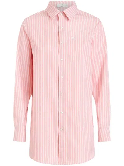 Etro Striped Cotton Shirt With Classic Fit And Embroidered Detail In Pink
