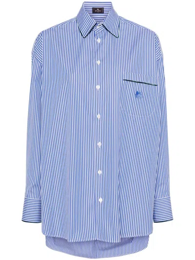 Etro Striped Cotton Shirt With Embroidered Logo In Blue