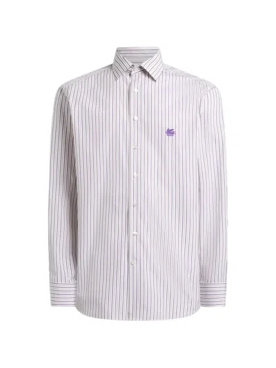 Etro Striped Cotton Shirt With Pegaso Logo In White