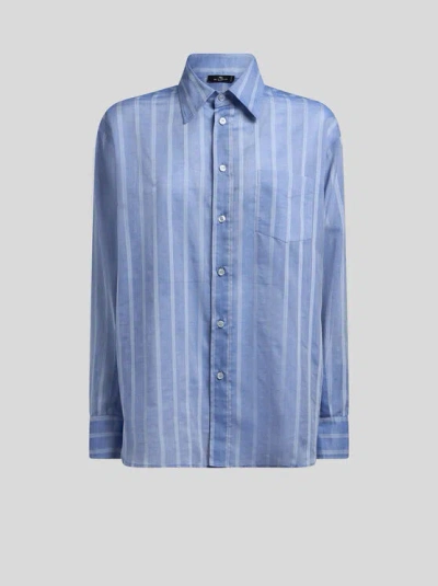 Etro Striped Cotton Shirt In Blue