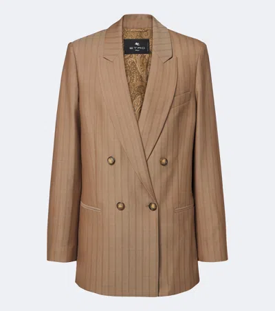 Etro Striped Double-breasted Wool Blazer In Brown