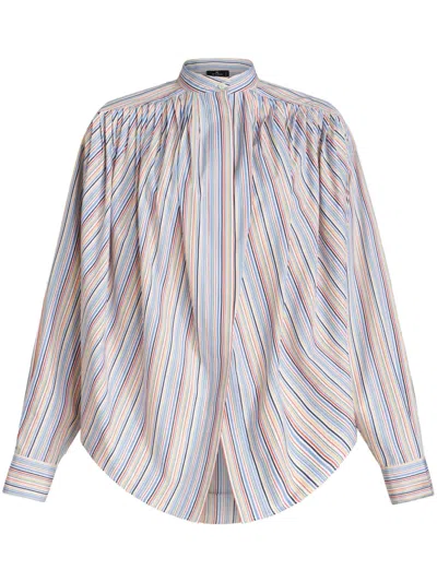 Etro Striped Gathered Cotton Blouse In Blue