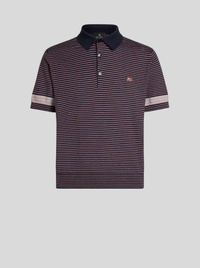 Etro , Striped Knit Polo Shirt With Pegaso Detail, Man, Black, Size Xl