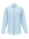Etro Striped Linen Shirt With Embroidered Pegaso Logo In Blue
