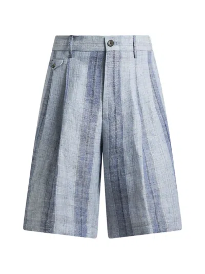 Etro Striped Linen Shorts In Blue