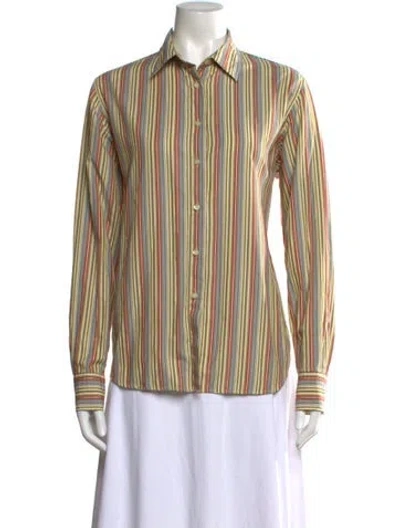 Pre-owned Etro Striped Long Sleeve Button-up Top In Green