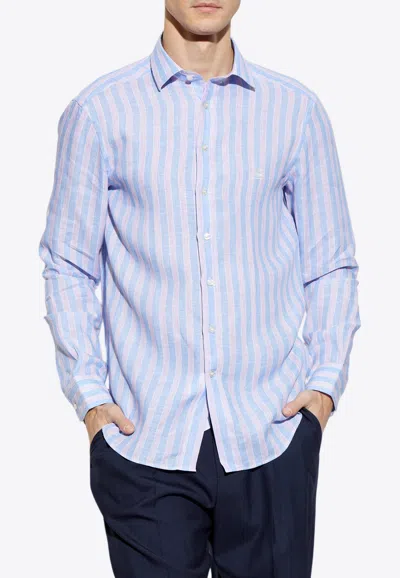 Etro Pegaso Embroidery Linen Striped Shirt In Multi