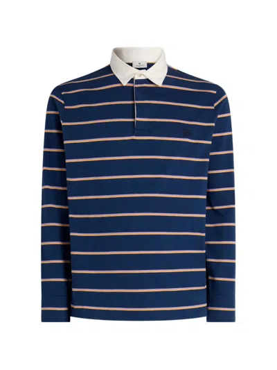 Etro Long-sleeved Cotton Polo Shirt With Shirt Collar And Striped Motif In Blue