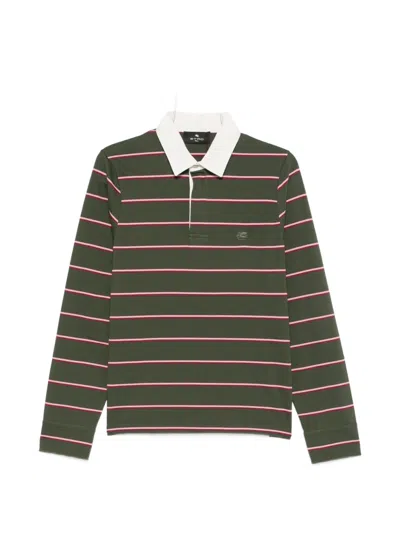Etro Long-sleeved Cotton Polo Shirt With Shirt Collar And Striped Motif In Green