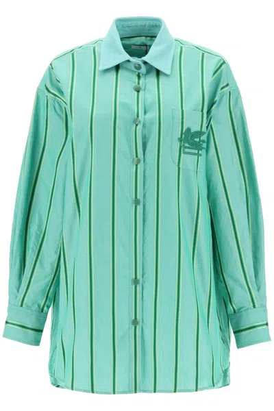 Etro Embroidered Striped Cotton And Silk-blend Shirt In Green