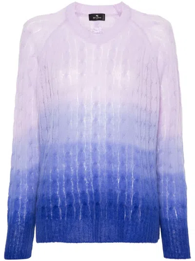 Etro Cable Knit Wool Pullover With Degradè Motif In Purple