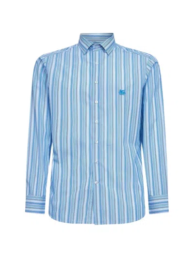 Etro Light Blue Striped Cotton Shirt With Pegaso Embroidery