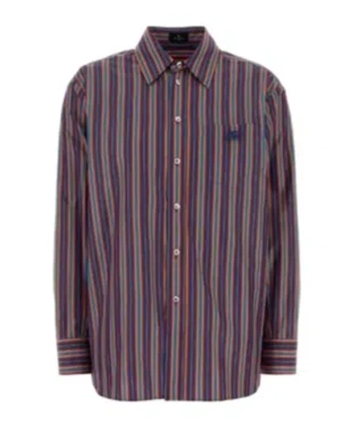 Etro Striped-pattern Logo-embroidered Shirt In Burgundy