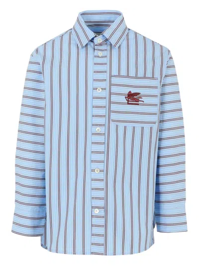Etro Kids' Striped Pegaso-embroidered Shirt In Blue
