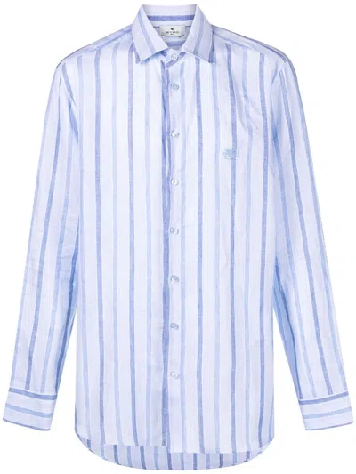 Etro Pegaso-embroidered Striped Linen Shirt In Blue