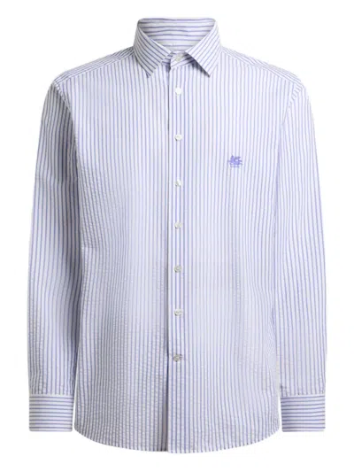 Etro Striped Cotton Seersucker Shirt In Blue