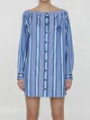 Etro Off-the-shoulder Embroidered Striped Cotton And Silk-blend Mini Shirt Dress In Blue