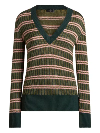 Etro Striped V-neck Sweater In Green