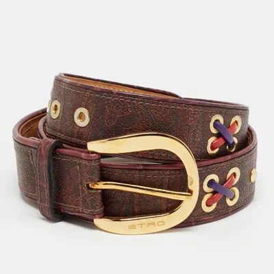 Pre-owned Etro Studded 90cm Buckle Belt Brown Paisley Print Coated Canvas