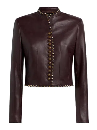 Etro Studded Cropped Leather Jacket In Multicolour