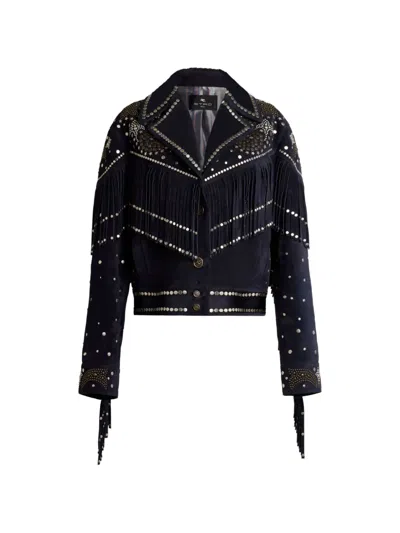 Etro Studs Fringed Leather Jacket In Black