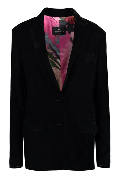 Etro Stunning Black Velvet Blazer For Women (fw23) With Lapel Collar, Front Pockets, And Padded Shoulders