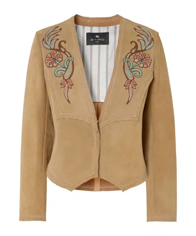 Etro Suede Appliqué Jacket In Brown