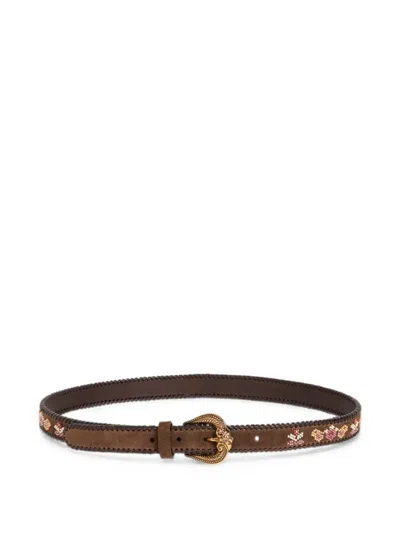 Etro Suede Belt With Beaded Motif In Brown