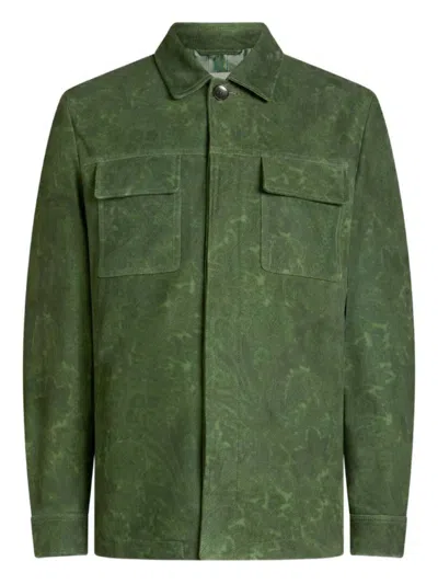 Etro Suede Jacket With Floral Paisley Pattern In Green