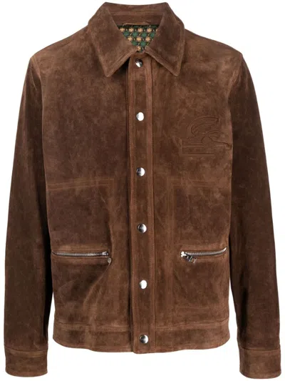 Etro Logo-embroidered Suede Jacket In Brown
