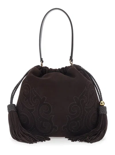 Etro Suede Shoulder Handbag With Drawstring Closure, Tassels, Embroidered Detail, Removable Top Hand In Brown