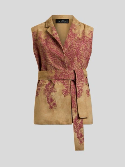 Etro , Suede Waistcoat With Placed Print, Woman, Beige, Size 46 In Sand
