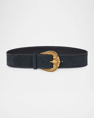 Etro Suede-like Leather Belt With Paisley Buckle In Blue