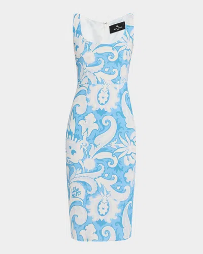 Etro Summer Paisley Square-neck Cady Dress In Print On White Base