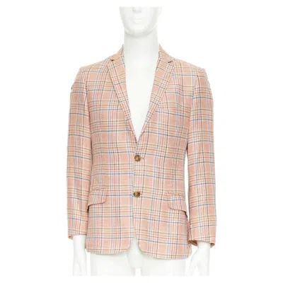 Pre-owned Etro Superleggera Checkered Linen Cotton Half Canvas Handstitched Summer Blazer In Beige