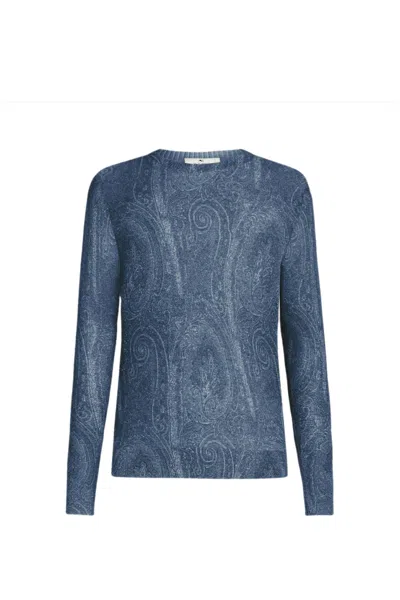 Etro Silk Blend Crew Neck Sweater With Paisley Embroidery In Blue
