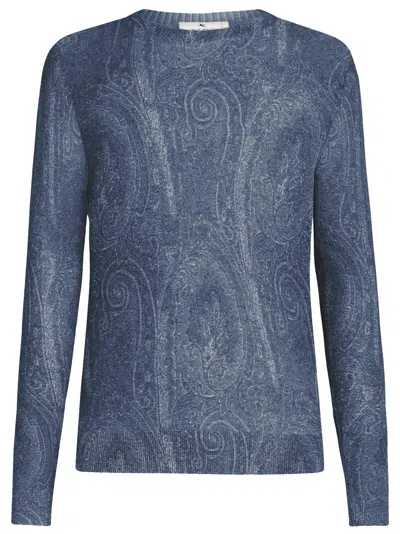 Etro Silk Blend Crew Neck Sweater With Paisley Embroidery In Blue
