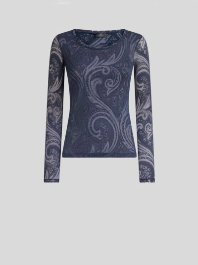 Etro , Sweater In Cotton-blend Burnout Jersey With Paisley Motif, Woman, Blue, Size Xs