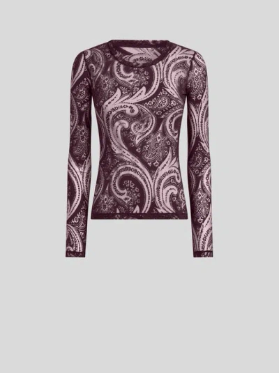 Etro , Sweater In Cotton-blend Burnout Jersey With Paisley Motif, Woman, Red, Size Xs In Brown