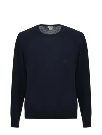 Etro Wool Sweater With Embroidered Monogram In Blue