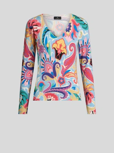 Etro , Sweater With Multicoloured Floral Print, Woman, Multicolour, Size 50