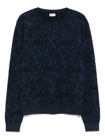 ETRO ETRO BLUE SWEATER WITH PAISLEY PRINT IN COTTON-WOOL BLEND