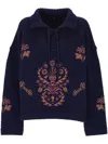 Etro Lace-up Embroidered Sweater In Blue