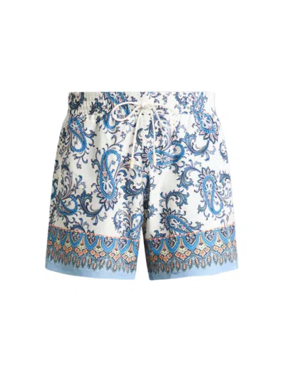 Etro Men Powder Blue Paisley Ramage-printed Swim Shorts In White