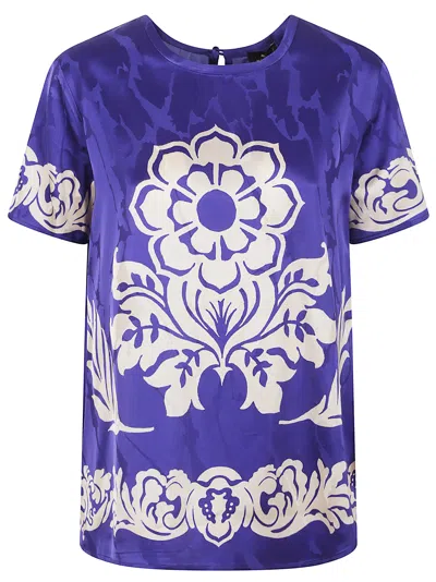 Etro Floral Print Satin Round Neck T-shirt In Blue