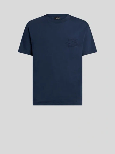 ETRO , T-SHIRT WITH PEGASO EMBROIDERY, MAN, NAVY BLUE, SIZE XXL