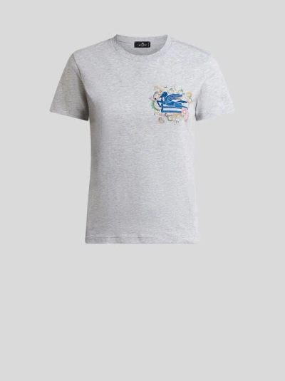 ETRO , T-SHIRT WITH EMBROIDERED PEGASO AND MONOGRAM, WOMAN, GREY, SIZE S