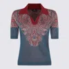 Etro Collared V-neck Polo With Patterned Ribbed Cuffs In Blue